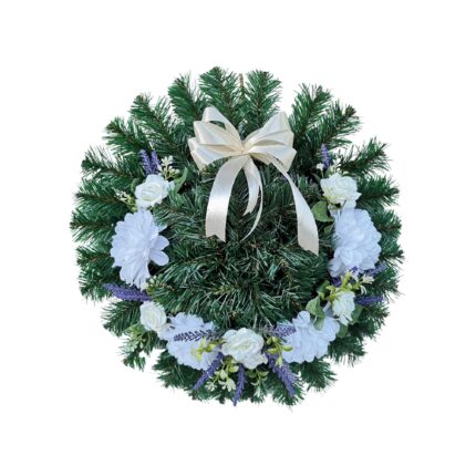 Coroana funerara din brad artificial, diametru 48 cm, Dady, cu flori artificiale albe si lavanda artificiala