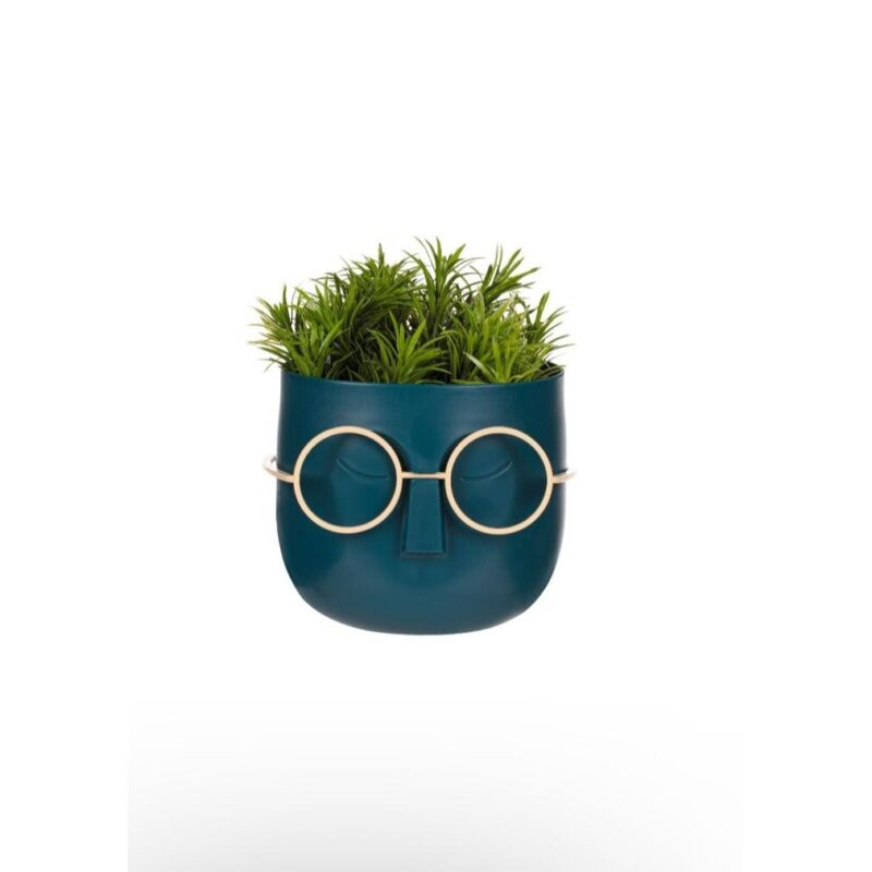 Ghiveci decorativ din plastic, fata cu ochelari si planta de verdeata artificiala, albastru, 11x11x14 cm