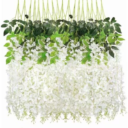 Set 12 Bucati Planta Artificiala Curgatoare Glicina Wisteria Mov cu Frunze, Lungime 1.1 m, JOYFIER®, Alb