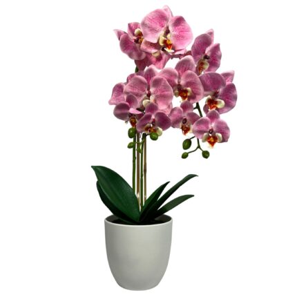 Orhidee artificiala roz, doua fire, ghiveci de plastic alb, 53 cm