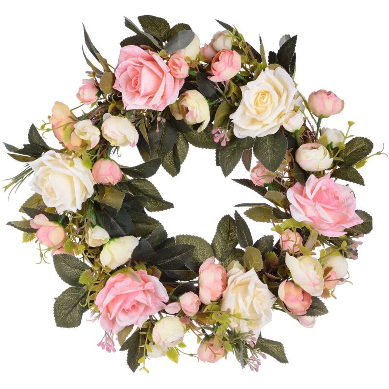 Coronita decorativa cu trandafiri si frunze, Ina Verbina®, Din matase si poliester, Decor usa, perete, Diametru 35 cm, rose