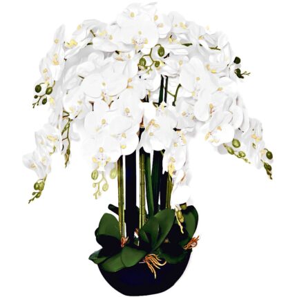 Orhidee artificiala Phalaenopsis in ghiveci antracit negru, H 85cm, aspect natural, elegant, silicon fin si moale, 108 cupe mari, Medaya®, alba