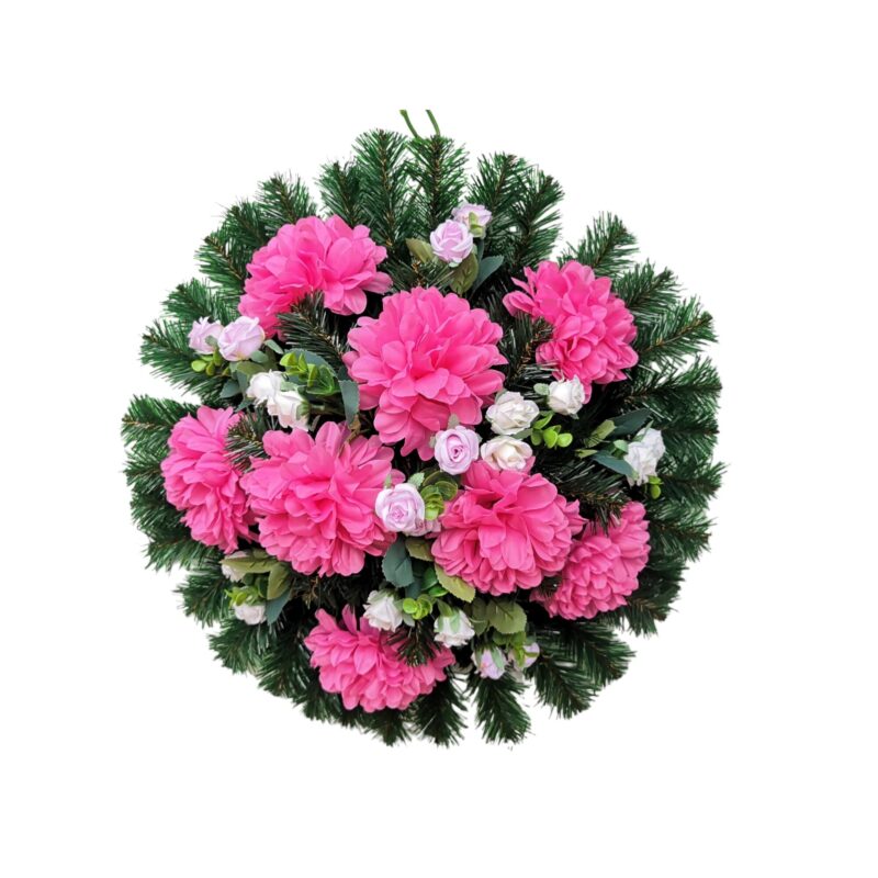 Aranjament funerar coroana artificiala 55 cm diametru, cu flori artificiale roz si albe, Dady