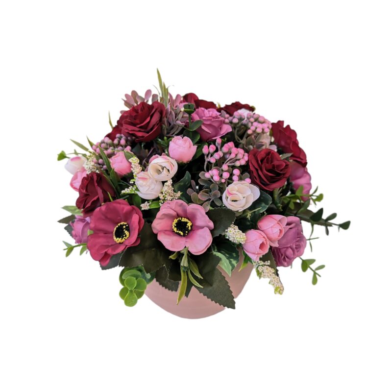 Aranjament floral cu flori artificiale, Dady, diametru 22 cm, Dady, in vas ceramic rotund