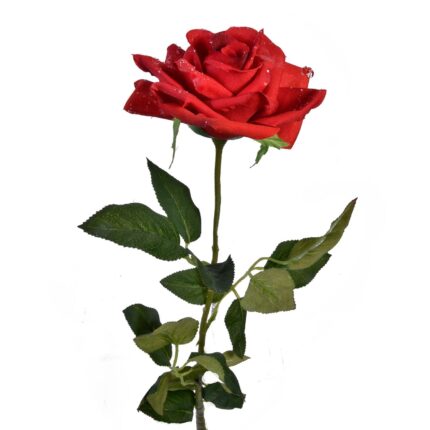 Planta decorativa artificiala, trandafir cu roua, rosu, 75cm