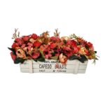 Aranjament cu flori artificiale, bujori in cutie din lemn alb, 33x15cm