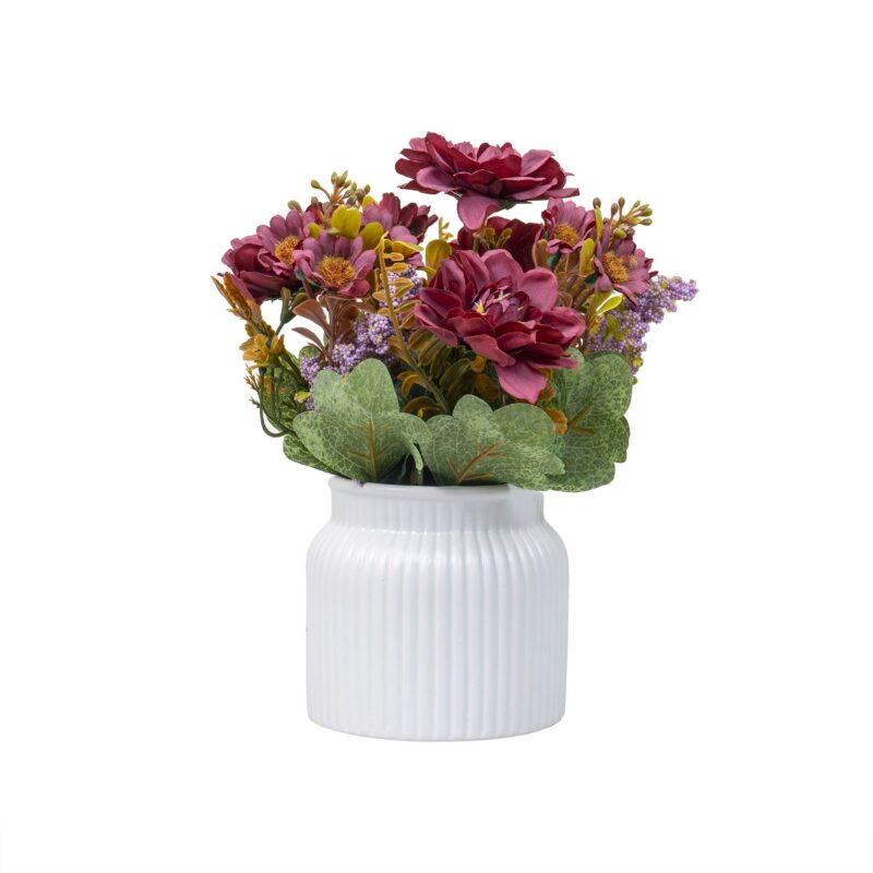 Aranjament floral, in ghiveci din ceramica, H 20, model crizantema, culoare grena / ZTS 8056_1