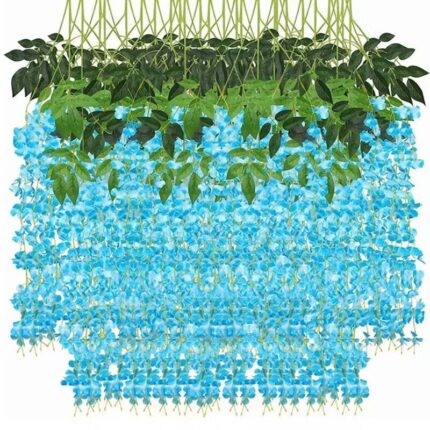 Set 12 Bucati Planta Artificiala Curgatoare Glicina Wisteria Mov cu Frunze, Lungime 1.1 m, JOYFIER®, Albastru