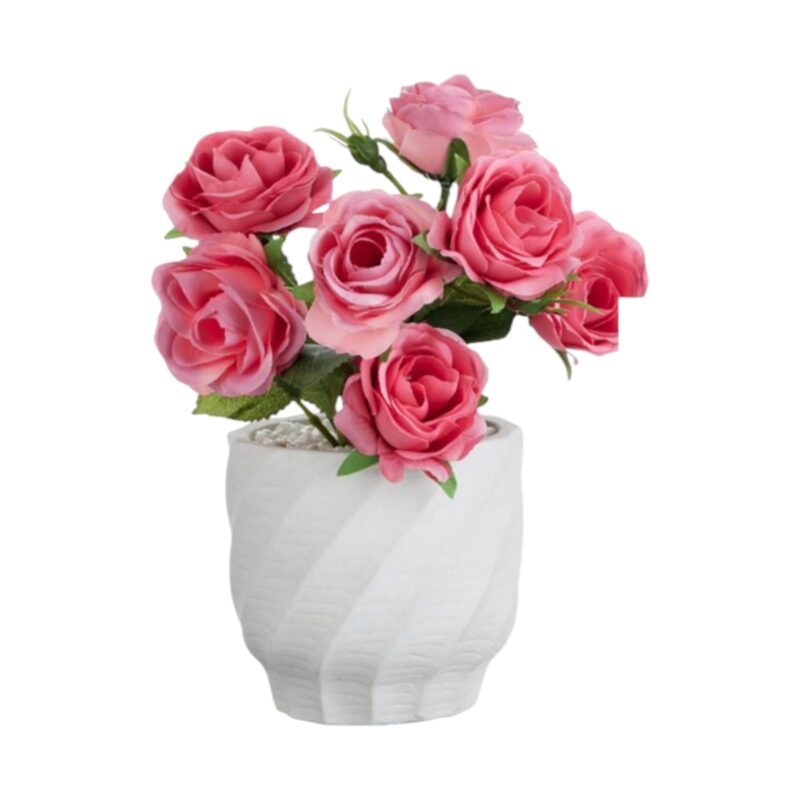 Ghiveci Decorativ Alb cu Planta Artificiala Trandafir Roz 11 x 22 cm