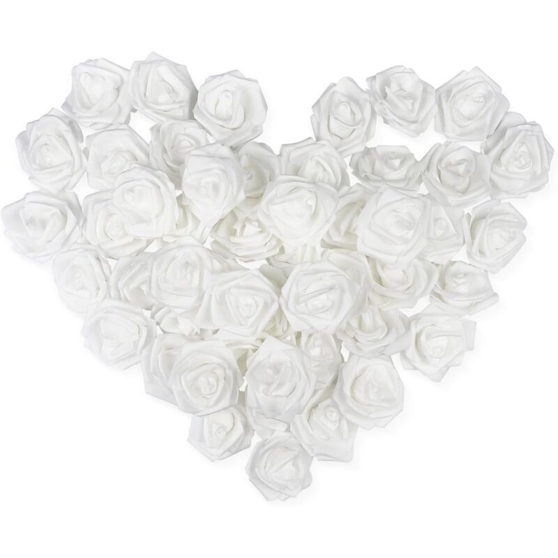 Set 50 Flori artificiale, trandafiri, GOGOU®, material PE, 8 cm, Alb
