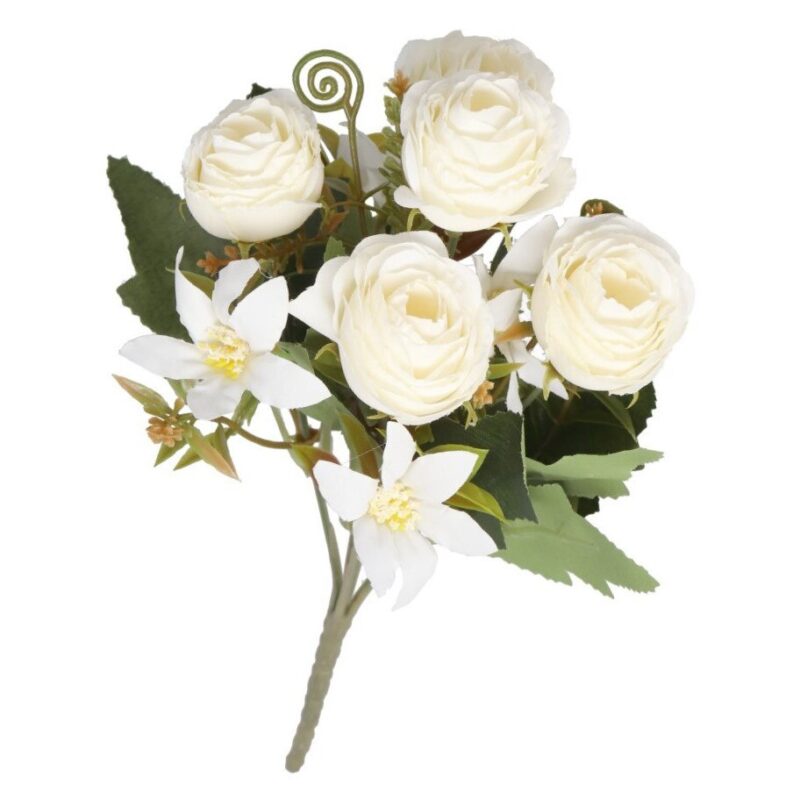 Buchet flori artificiale, Trandafiri si flori de camp, 26cm, Crem