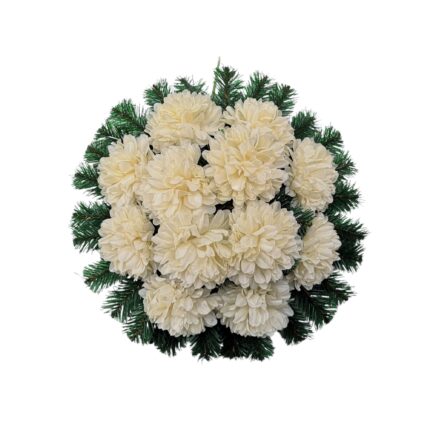Coroana funerara din brad artificial, Dady, diametru 48 cm, cu dalii crem