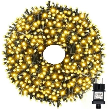 Instalatie De Craciun SIKS, Liniara 24 M, 300 LED -uri, Cu 8 jocuri de lumini, Pentru Exterior/Interior, Fir Verde Inchis, Alb Cald