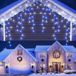Instalatie Craciun Turturi, NEVERMORE, 20 m, 500 Led-uri, 8 jocuri de lumini, Perdea, Franjuri, Exterior/Interior, Fir Alb, Interconectabila, Albastru/Alb