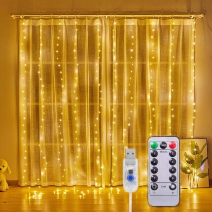 Instalatie de Craciun Perdea, Xinxu, cu Telecomanda, 300 led, 3 M x 3 M, 8 Moduri, Rezistenta la apa, cu carlig, Luminozitate reglabila, Alb cald