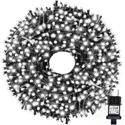 Instalatie De Craciun SIKS, Liniara 24 M, 300 LED -uri, Cu 8 jocuri de lumini, Pentru Exterior/Interior, Fir Verde Inchis, Alb Rece