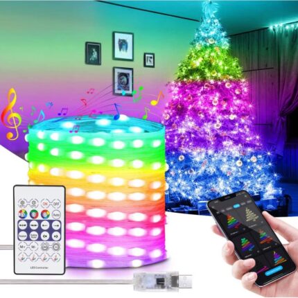 Instalatie De Craciun Smart RGB Wi-Fi SIKS, Pentru Brad, Fir de 20 Metri Cu Conectare Bluetooth, 220 Led, Aplicatie Mobil, Conectare USB la Stecher, Baterie Externa Sau Laptop, IP20, Telecomanda, Multicolora