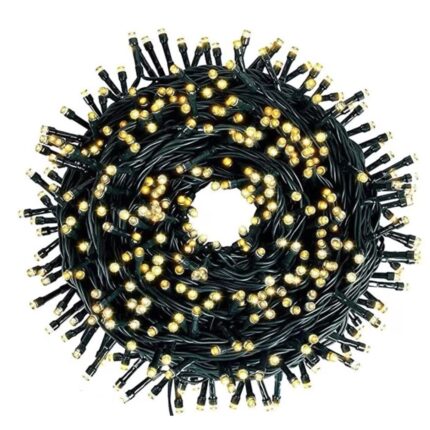 Instalatie De Craciun Liniara SIKS, 100 m, 1000 LED -uri, Cu 8 Jocuri de Lumini, Pentru Exterior/Interior, Fir Verde Inchis, Alb Cald