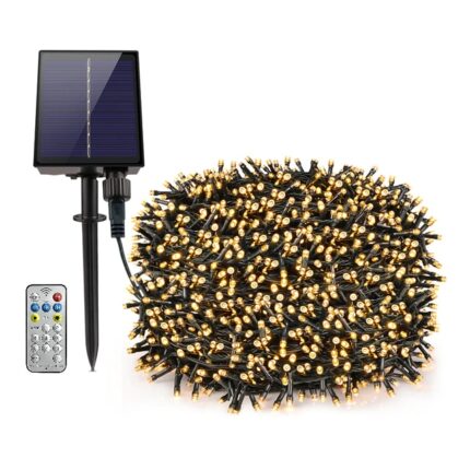 Instalatie Craciun Solara, 500 Led-uri, 50 metri, Panou solar mare, Telecomanda, 1200mAh, Alb Cald/Galben