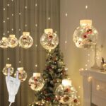 Instalatie Craciun Perdea Luminoasa SIKS Tip Glob Cu Conuri Brad,10 Figurine Mos Craciun, Interconectabila, 8 Jocuri De Lumini, Alb Cald, 3m, 24V