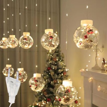 Instalatie Craciun Perdea Luminoasa SIKS Tip Glob Cu Conuri Brad,10 Figurine Mos Craciun, Interconectabila, 8 Jocuri De Lumini, Alb Cald, 3m, 24V