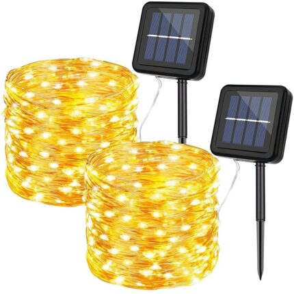Set 2 instalatii solare, PVC/Cupru, 100 LED, 12 m, 8 Moduri iluminare, Alb cald