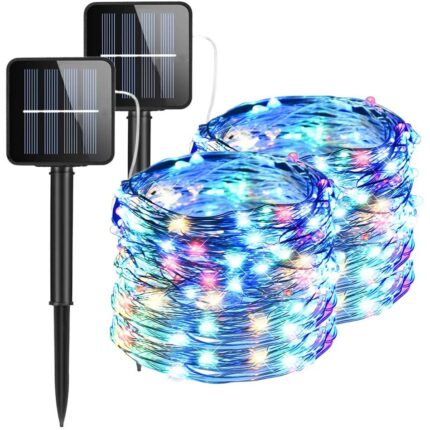 Set 2 instalatii solare, PVC/Cupru, 100 LED, 12 m, 8 Moduri iluminare, Multicolor
