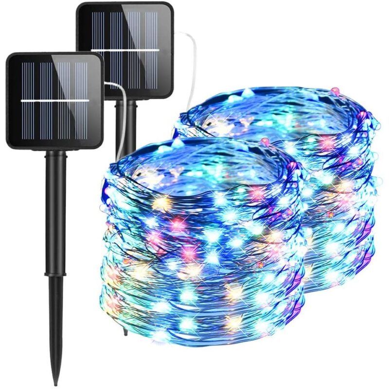 Set 2 instalatii solare, PVC/Cupru, 100 LED, 12 m, 8 Moduri iluminare, Multicolor
