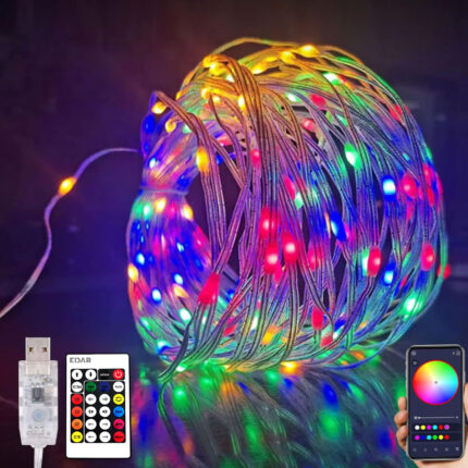 Instalatie De Craciun Inteligenta De Interior EDAR, Aplicatie Telefon Si Telecomanda, Conectare USB, Pentru Brad, Conexiune Bluetooth, Jocuri De Lumini, Modificare Intensitate Luminoasa, 110 Leduri, 10 Metri, Grad Protectie IP65, Multicolora