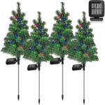 Set 4 Instalatie solara decorativa, Copac decorativ de craciun, LED, 75cm, Incarcare Solara, Lumina multicolora, Craciun, Gradina