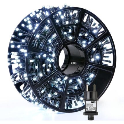 Instalatie de Craciun Liniara SIKS, Interior/Exterior, Rola 30m, 8 jocuri de lumini, Alb Rece, Fir Negru