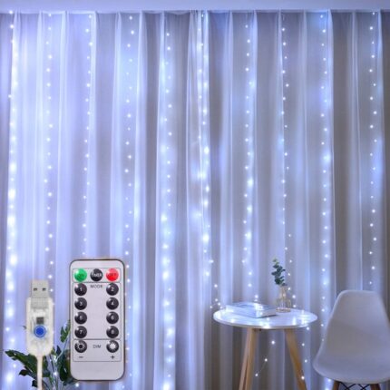 Instalatie de Craciun, NEVERMORE, Perdea, 3 m x 3 m, 300 led, 8 Moduri, alimentare USB, cu carlig, Rezistent Apa, Luminozitate reglabila, cu Telecomanda, Alb Rece