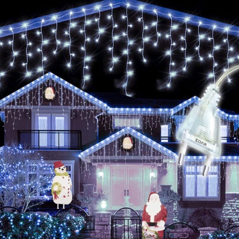 Ghirlanda Luminoasa Tip Franjuri EDAR, Instalatie De Craciun Perdea Pentru Exterior/Interior, 20m, 400 Leduri, Fir Transparent, Alb Rece, Flash, Interconectabila