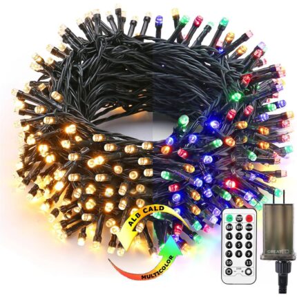 Instalatie De Craciun 2 In 1 GREATON, Liniara, Telecomanda, 11 Moduri De Lumina, Control Luminozitate, Functie De Oprire Automata, Fir Verde Inchis, Lumina Multicolora Sau Alb Cald, 50 Metri, 250 Leduri