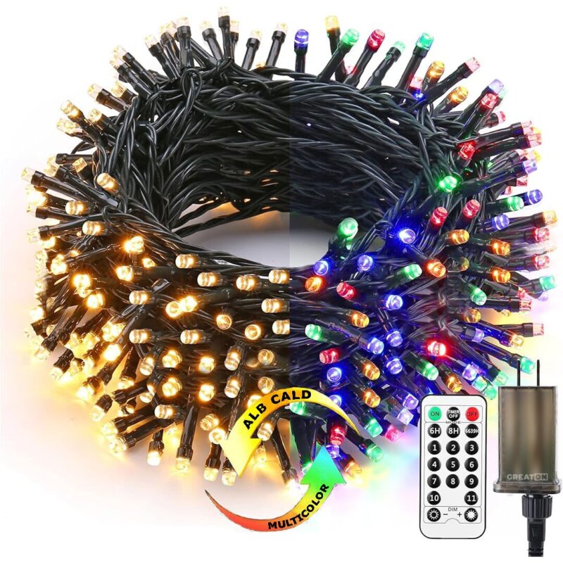 Instalatie De Craciun 2 In 1 GREATON, Liniara, Telecomanda, 11 Moduri De Lumina, Control Luminozitate, Functie De Oprire Automata, Fir Verde Inchis, Lumina Multicolora Sau Alb Cald, 50 Metri, 250 Leduri