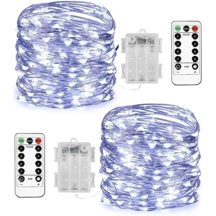 Set 2 instalatii craciun, PVC/Cupru, 100 LED, Control telecomanda, 10m, Alb