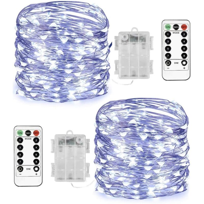 Set 2 instalatii craciun, PVC/Cupru, 100 LED, Control telecomanda, 10m, Alb