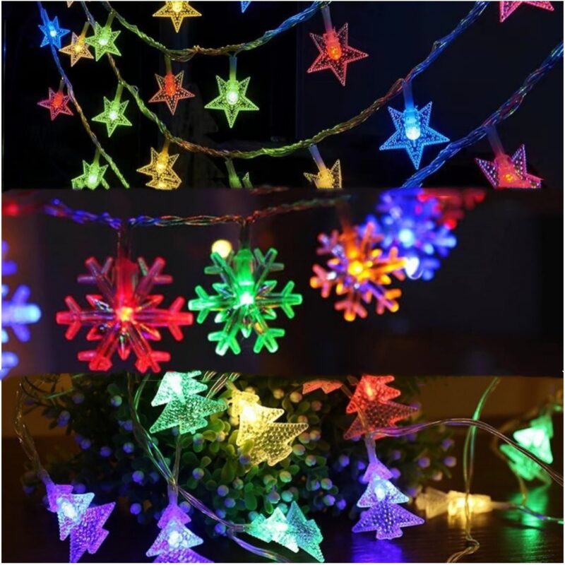 Set 3 instalatie de Craciun, 8 Moduri De Lumini, 10m, 100led-uri, Alimentare Priza 220V, IP44, Multicolor, In forma de stea/fulg de nea/brad de Craciun