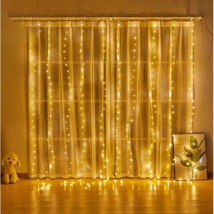 Instalatie perdea lumini LED 3 x 2 m, USB, 8 Functii, Telecomanda, Margele de lampa impermeabila, Alb cald fir cupru