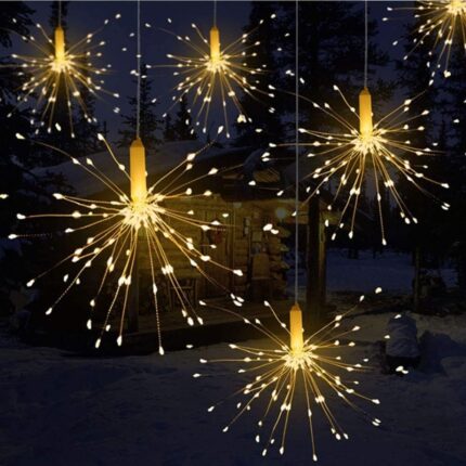 Instalatie De Craciun, EMATTERIO®, 5 Focuri De Artificii Decorative, Interconectabila, 500 LED, 8 Moduri De Iluminare, Lungime 5 m, Alb Cald