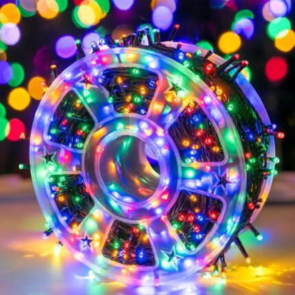 Rola Instalatie de Craciun Liniara EDAR, 8 Jocuri de Lumini Interschimbabile, Alimentare La Priza Pentru Interior/Exterior, Rola 80m, Fir Negru, Multicolor