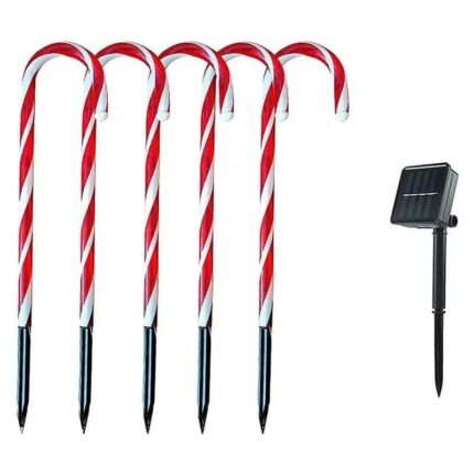 Instalatie Decorativa de Craciun pentru Exterior RED RUDOLF cu incarcare solara, Set 5 Decoratiuni Luminoase tip Acadele, Inatime 40 cm, Lumina Alb Cald