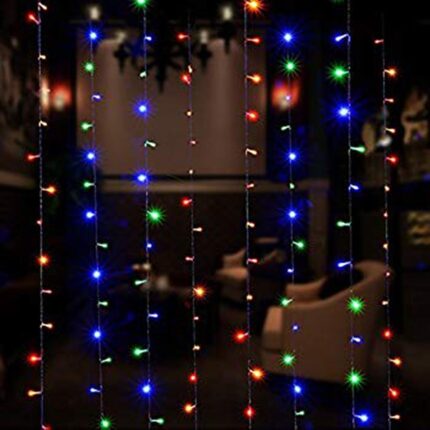 Plasa cu Lumini EDAR Tip Instalatie de Craciun, Lungime 3 m x Inaltime 3 m, Multicolora, Fir Alb, 8 Moduri de Iluminare, Interconectabila, Pentru Interior sau Exterior