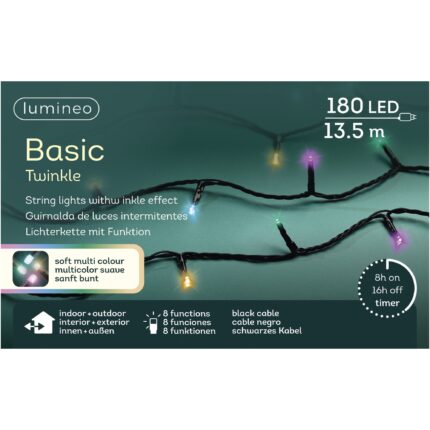 Instalatie luminoasa 180 LED Soft Basic Lumineo, 1350 cm, lumina multicolor, cablu negru, protectie IP44, utilizare interior/exterior