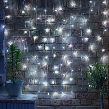 Instalatie Craciun, Tip Perdea, 5 m x 1 m, 200 LED-uri, Prelungitor 1.5 m, 8 Jocuri de Lumini, Interconectabila, Fir transparent, Interior/Exterior, Alb Rece