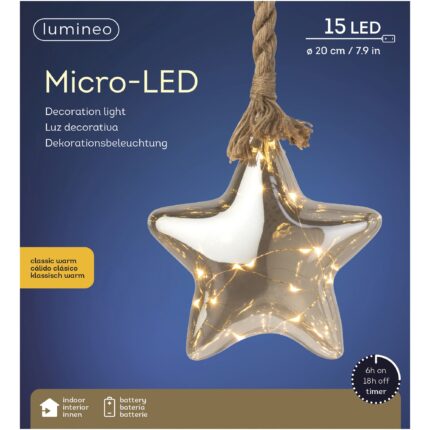 Glob decorativ cu microLED Lumineo, 20x6.5 cm, 15 microLED, lumina alb-cald, sticla