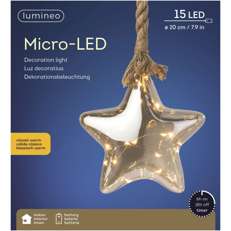 Glob decorativ cu microLED Lumineo, 20x6.5 cm, 15 microLED, lumina alb-cald, sticla