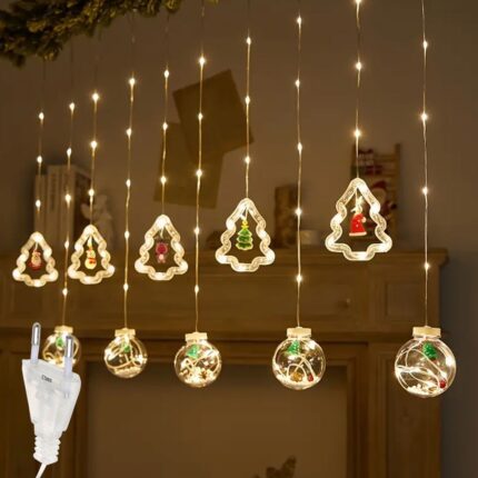 Instalatie De Craciun SIKS, Tip Perdea De Lumini, 5 Globuri Luminoase Si 5 Braduti Cu LED, Cu Diferite Figurine Pentru Craciun, 8 Moduri De Iluminare, 4m, Interconectabila, Alimentare Prin Priza, Alb Cald