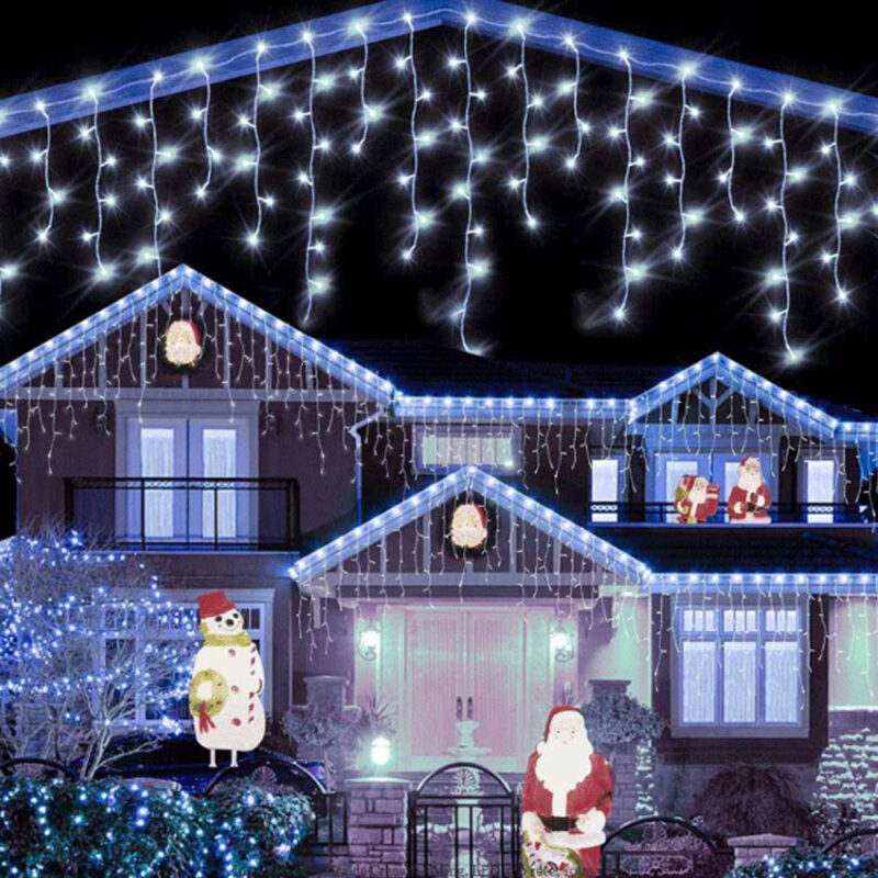 Ghirlanda Luminoasa Tip Franjuri EDAR, Instalatie De Craciun Perdea Pentru Exterior/Interior, 8m, Fir Alb, Alb Rece, Flash, Interconectabila