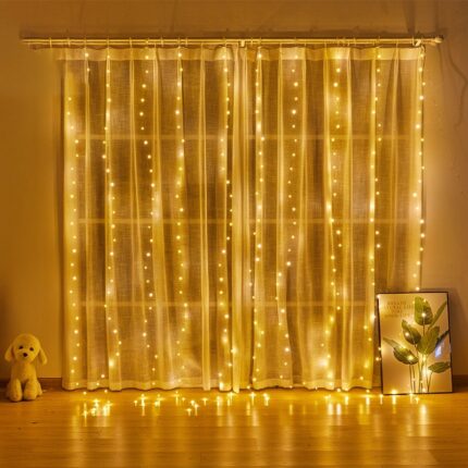 Instalatie de Craciun Vaxiuja,3 m x 3 m,8 Moduri, cu carlig, Perdea Alb Cald,300 leduri, Rezistent la Apa, luminozitate reglabila, cu Telecomanda